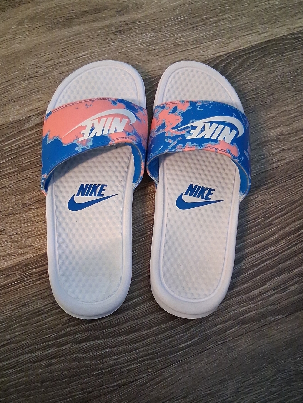 Nike White Slides with Blue and Coral Accents - Women's